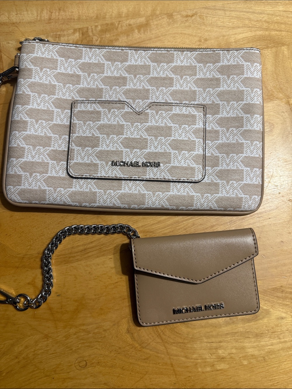 Michael Kors Beige Taupe MK Monogram Wristlet with Matching Card Case